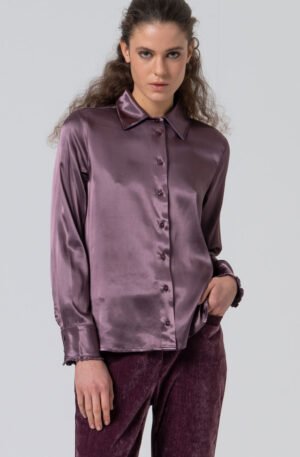 Camisa satinada detalle cuello avolantado.