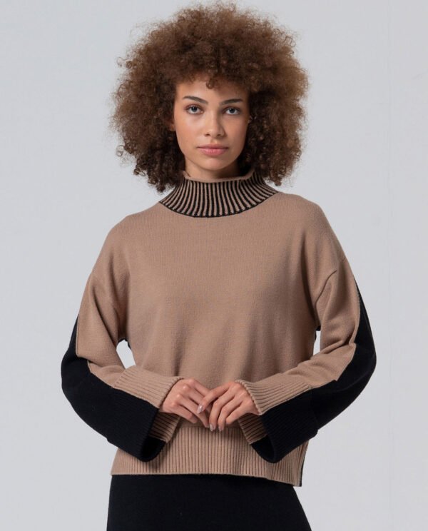 Jersey cuello alto con contrastes de color.Beige.