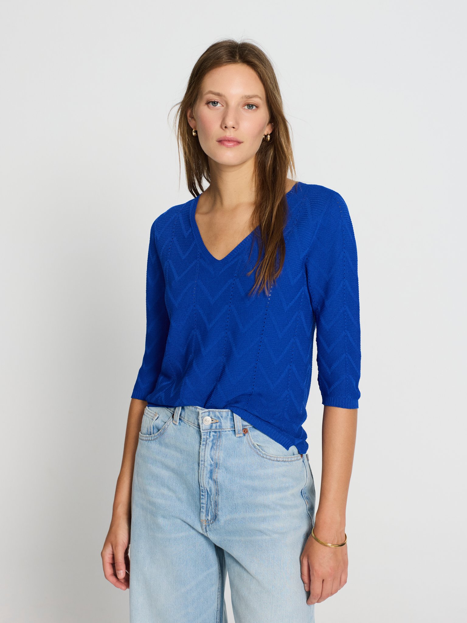 Suéter manga 3/4 escote V. Azul.