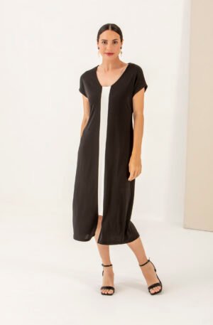 Vestido midi negro franja beige.